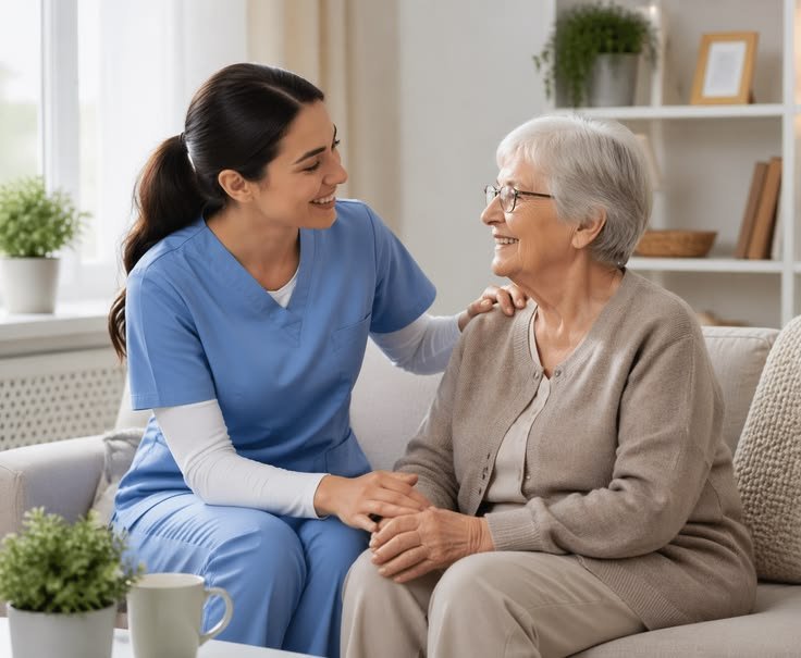 A smiling nurse in blue scrubs sitting with an older woman on a sofa, holding her hand