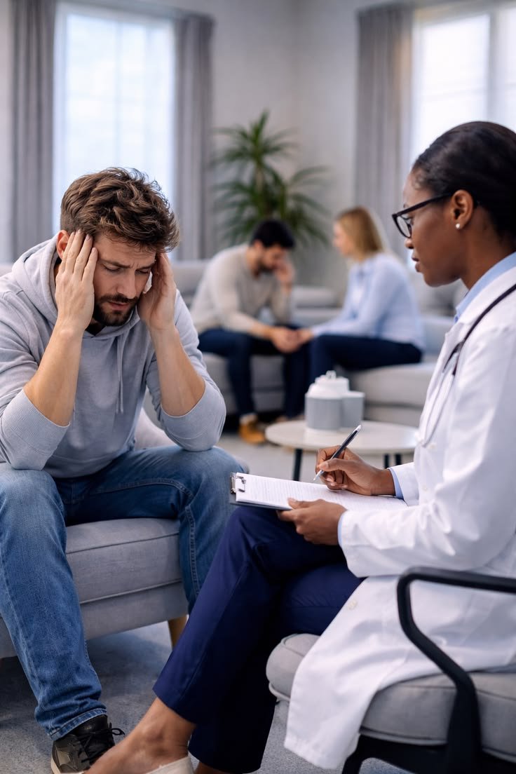 A clinician taking notes while listening to a man holding his head in his hands during a counseling session